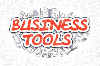 Business Tools - Hand Drawn Business Illustration with Business Doodles. Red Word - Business Tools - Doodle Business Concept. 