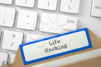 Life Hacking written on Blue Index Card on Background of White Modern Computer Keypad. Close Up View. Selective Focus. 3D Rendering.