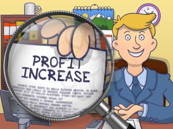 Business Man Shows Paper with Inscription Profit Increase. Closeup View through Magnifying Glass. Multicolor Modern Line Illustration in Doodle Style.