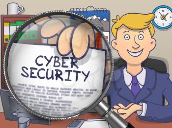 Cyber Security on Paper in Officeman's Hand through Magnifying Glass to Illustrate a Business Concept. Multicolor Modern Line Illustration in Doodle Style.