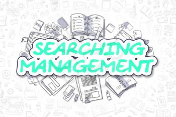 Cartoon Illustration of Searching Management, Surrounded by Stationery. Business Concept for Web Banners, Printed Materials. 