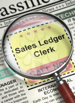 Illustration of Classified Advertisement of Hiring of Sales Ledger Clerk in Newspaper with Magnifier. Newspaper with Small Ads of Job Search Sales Ledger Clerk. Hiring Concept. Blurred Image. 3D.