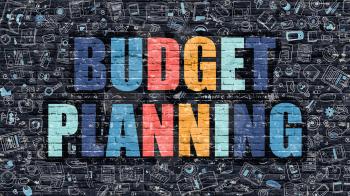 Budget Planning Concept. Modern Illustration. Multicolor Budget Planning Drawn on Dark Brick Wall. Doodle Icons. Doodle Style of  Budget Planning Concept. Budget Planning on Wall.