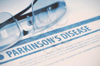 Parkinsons Disease - Printed Diagnosis with Blurred Text on Blue Background with Eyeglasses. Medical Concept. 3D Rendering.