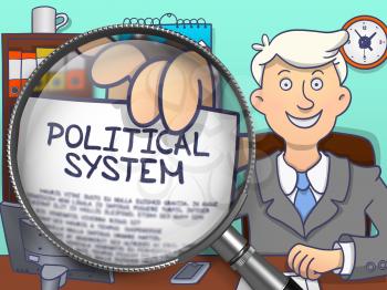 Political System on Paper in Business Man's Hand to Illustrate a Business Concept. Closeup View through Lens. Multicolor Doodle Illustration.