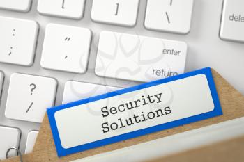 Security Solutions written on Blue Folder Index on Background of White PC Keypad. Closeup View. Blurred Image. 3D Rendering.