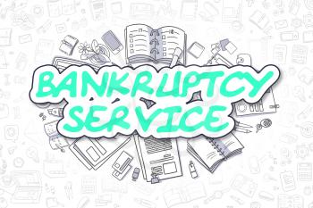 Cartoon Illustration of Bankruptcy Service, Surrounded by Stationery. Business Concept for Web Banners, Printed Materials. 