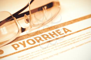 Pyorrhea - Printed Diagnosis on Red Background and Eyeglasses Lying on It. Medicine Concept. Blurred Image. 3D Rendering.