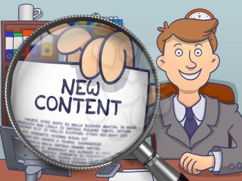 New Content. Businessman in Office Showing through Magnifier Paper with Inscription. Colored Doodle Style Illustration.