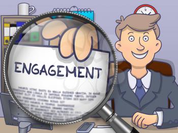 Engagement. Paper with Text in Businessman's Hand through Lens. Colored Modern Line Illustration in Doodle Style.