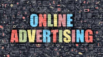 Online Advertising Concept. Modern Illustration. Multicolor Online Advertising Drawn on Dark Brick Wall. Doodle Icons. Doodle Style of  Online Advertising Concept. Online Advertising on Wall.