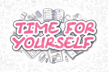Time For Yourself Doodle Illustration of Magenta Inscription and Stationery Surrounded by Cartoon Icons. Business Concept for Web Banners and Printed Materials. 
