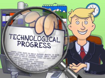 Technological Progress. Happy Business Man in Office Workplace Showing Paper with Text through Magnifying Glass. Multicolor Doodle Illustration.