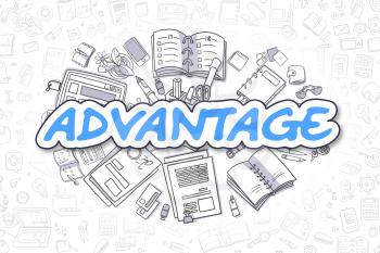 Advantage Doodle Illustration of Blue Text and Stationery Surrounded by Doodle Icons. Business Concept for Web Banners and Printed Materials. 