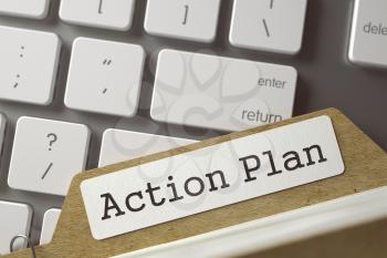 Action Plan written on  Card Index on Background of Modern Laptop Keyboard. Business Concept. Closeup View. Selective Focus. Toned Image. 3D Rendering.