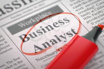 A Newspaper Column in the Classifieds with the Vacancy of Business Analyst, Circled with a Red Highlighter. Blurred Image. Selective focus. Hiring Concept. 3D Illustration.