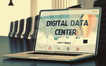 Digital Data Center on Landing Page of Mobile Computer Display in Modern Conference Hall Closeup View. Toned Image. Blurred Background. 3D Rendering.