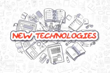 New Technologies - Sketch Business Illustration. Red Hand Drawn Text New Technologies Surrounded by Stationery. Cartoon Design Elements. 