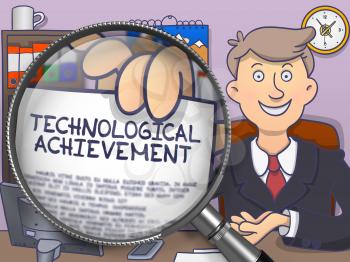 Technological Achievement. Paper with Concept in Business Man's Hand through Magnifier. Colored Modern Line Illustration in Doodle Style.