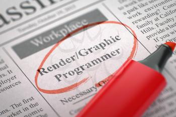 Render Graphic Programmer. Newspaper with the Small Ads of Job Search, Circled with a Red Highlighter. Blurred Image. Selective focus. Job Seeking Concept. 3D Rendering.