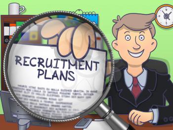 Recruitment Plans.  Businessman in Office Shows Concept on Paper through Lens. Multicolor Modern Line Illustration in Doodle Style.