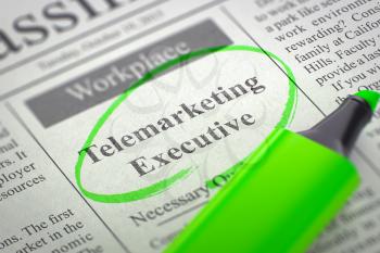 Telemarketing Executive - Job Vacancy in Newspaper, Circled with a Green Highlighter. Blurred Image with Selective focus. Concept of Recruitment. 3D Render.