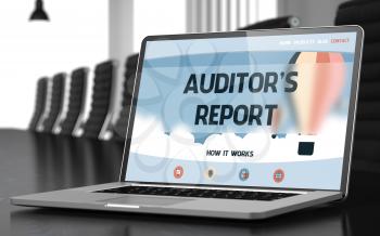 Modern Conference Hall with Laptop Showing Landing Page with Text Auditor's Report. Closeup View. Toned Image. Blurred Background. 3D Illustration.
