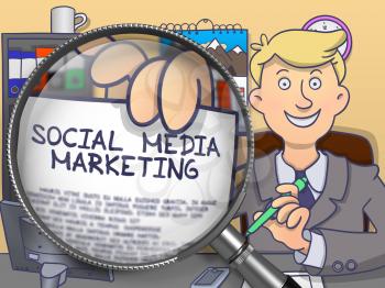 Social Media Marketing on Paper in Officeman's Hand to Illustrate a Business Concept. Closeup View through Lens. Multicolor Doodle Style Illustration.