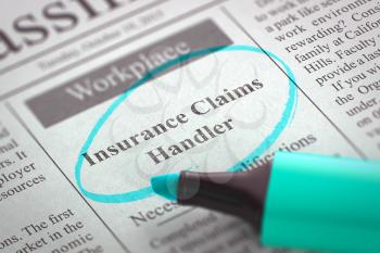 A Newspaper Column in the Classifieds with the Classified Advertisement of Hiring of Insurance Claims Handler, Circled with a Azure Highlighter. Blurred Image. Selective focus. Hiring Concept. 3D.