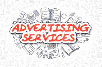 Red Word - Advertising Services. Business Concept with Cartoon Icons. Advertising Services - Hand Drawn Illustration for Web Banners and Printed Materials. 