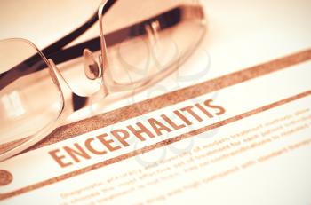 Diagnosis - Encephalitis. Medicine Concept on Red Background with Blurred Text and Eyeglasses. Selective Focus. 3D Rendering.