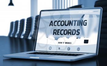 Accounting Records. Closeup Landing Page on Laptop Display. Modern Conference Hall Background. Blurred Image with Selective focus. 3D Rendering.