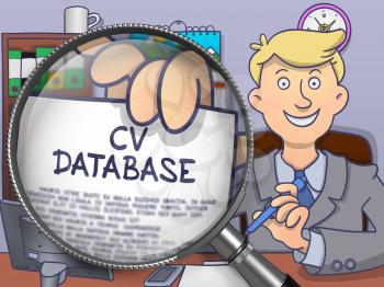 CV Database. Successful Business Man in Office Holding a Concept on Paper through Lens. Colored Doodle Style Illustration.