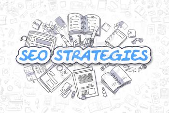 Cartoon Illustration of SEO Strategies, Surrounded by Stationery. Business Concept for Web Banners, Printed Materials. 