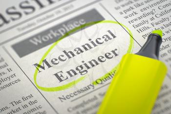 Mechanical Engineer - Jobs Section Vacancy in Newspaper, Circled with a Yellow Highlighter. Blurred Image with Selective focus. Hiring Concept. 3D Illustration.
