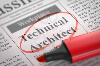 Technical Architect. Newspaper with the Small Advertising, Circled with a Red Highlighter. Blurred Image. Selective focus. Job Search Concept. 3D Rendering.