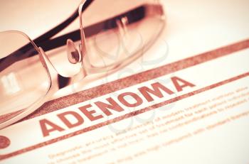 Adenoma - Printed Diagnosis with Blurred Text on Red Background with Glasses. Medical Concept. Adenoma - Medicine Concept with Blurred Text and Specs on Red Background. Selective Focus. 3D Rendering.