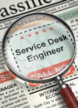 Service Desk Engineer. Newspaper with the Jobs Section Vacancy. Magnifying Lens Over Newspaper with Searching Job of Service Desk Engineer. Concept of Recruitment. Blurred Image. 3D Illustration.
