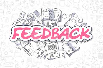 Feedback - Hand Drawn Business Illustration with Business Doodles. Magenta Text - Feedback - Doodle Business Concept. 