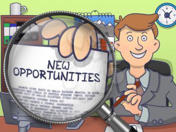 New Opportunities on Paper in Man's Hand through Magnifying Glass to Illustrate a Business Concept. Colored Modern Line Illustration in Doodle Style.