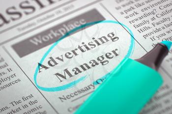 Advertising Manager - Classified Advertisement of Hiring in Newspaper, Circled with a Azure Highlighter. Blurred Image. Selective focus. Concept of Recruitment. 3D.