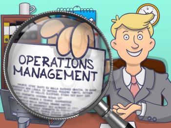 Businessman Showing Paper with Text Operations Management. Closeup View through Magnifier. Multicolor Doodle Illustration.