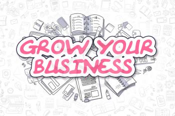 Grow Your Business Doodle Illustration of Magenta Word and Stationery Surrounded by Cartoon Icons. Business Concept for Web Banners and Printed Materials. 