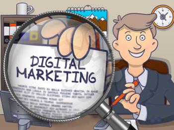 Digital Marketing through Lens. Businessman Showing Concept on Paper. Closeup View. Multicolor Modern Line Illustration in Doodle Style.