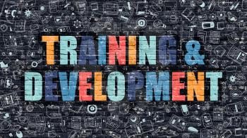 Training and Development Concept. Training and Development Drawn on Dark Wall. Training and Development in Multicolor. Training and Development Concept in Modern Doodle Style.