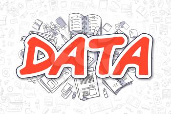 Data Doodle Illustration of Red Word and Stationery Surrounded by Doodle Icons. Business Concept for Web Banners and Printed Materials. 