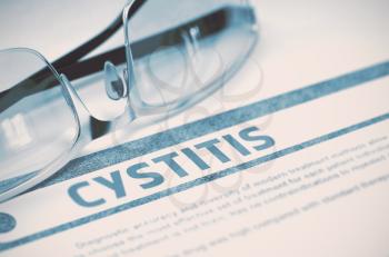 Cystitis - Medical Concept on Blue Background with Blurred Text and Composition of Glasses. Cystitis - Medicine Concept with Blurred Text and Glasses on Blue Background. Selective Focus. 3D Rendering.
