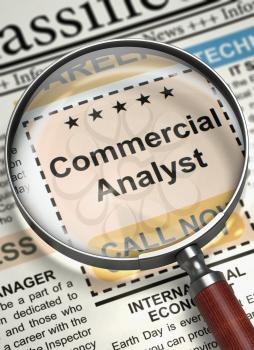 Commercial Analyst. Newspaper with the Searching Job. Magnifying Lens Over Newspaper with Jobs Section Vacancy of Commercial Analyst. Hiring Concept. Selective focus. 3D.