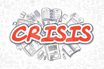 Cartoon Illustration of Crisis, Surrounded by Stationery. Business Concept for Web Banners, Printed Materials. 