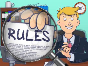 Business Man Shows Paper with Text Rules. Closeup View through Magnifying Glass. Multicolor Doodle Style Illustration.